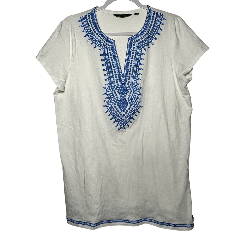 C Wonder White Embroidered V‎ Neck Tunic Top Shirt Women's Size Large
